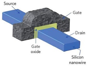 Um einen Nanodraht aus Silizium greift halbringförmig ein entgegengesetzt dotierter Halbring, der - nur durch eine dünne Isolierschicht getrennt - als Gatter fungiert und den Stromfluss im Draht stoppen kann.
