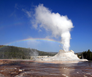 Geysir im Yellowstone Park stößt Dampf aus