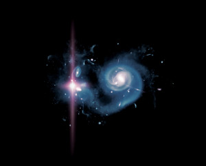 Hochaufgelöste Simulation einer frühen Galaxie und ihrer Umgebung. Links im Bild blitzt eine extrem leuchtstarke Supernova auf.