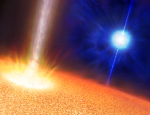 Die Illustration zeigt zwei verschiedene Typen von Sternen, die unterschiedlich lange Gamma-Blitze auslösen können. Heiße, blaue Wolf-Rayet-Sterne (hinten), die etwa genauso groß wie die Sonne sind, aber die zehnfache Masse besitzen, können Gamma-Blitze verursachen. Der Riesenstern vorne hat ungefähr die 20-fache Masse der Sonne, ist aber rund 1000-mal größer und kann ultralange Gamma-Blitze hervorrufen. 