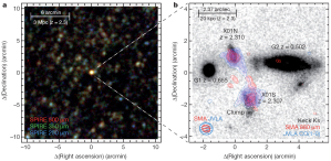 Links im Bild ist die Galaxie HXMM01 als hellstes Objekt zu sehen. Rechts zeigt sich bei maximaler Auflösung, dass hinter den beiden dunklen Galaxien im Vordergrund die beiden Galaxien X01N und X01S beginnen, miteinander zu verschmelzen.