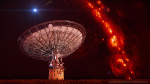 In dieser Fotomontage ist das CSIRO Parkes-Radioteleskop neben einem Bild der Gasverteilung in der Milchstraße zu sehen. Der helle Fleck links oben deutet eine kurzen Radiopuls an.