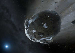 Künstlerische Darstellung eines wasserreichen Kleinplaneten auf dem Weg zu einem Weißen Zwerg wie GD 61. 