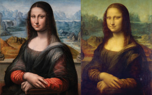 Rechts die Mona Lisa des Pariser Louvres, links die restaurierte, deshalb klarer wirkende Version des Madrider Prado – zusammen bilden sie das vermutlich erste 3D-Bild der Geschichte.