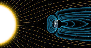 Über vier Milliarden Jahre alt: Das Erdmagnetfeld schützt vor dem Strom geladener Teilchen des Sonnenwinds (Grafik nicht maßstabsgerecht)