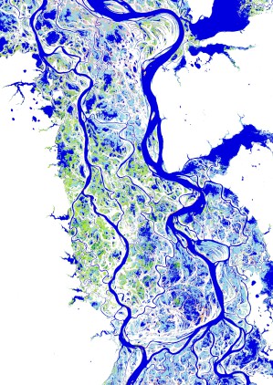 Flusslauf des Ob in Westsibirien: Diese Karten des Global Surface Water Explorer zeigen die Entwicklung der mit Süßwasser bedeckten Gebiete weltweit. Blau zeigt permanent mit Wasser bedeckte, rosa nur zeitweise bedeckte Flächen an.
