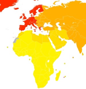 Die Häufigkeit von Migräneerkrankungen ist in Afrika sehr gering (gelb), in Asien höher (orange) und in West- und Nordeuropa am höchsten (rot).
