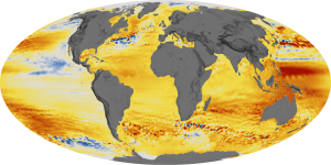 Globale Veränderung des Meeresspiegels zwischen 1994 und 2014 – Rottöne zeigen einen Anstieg, Blautöne eine Absenkung um jeweils bis zu sieben Zentimeter.