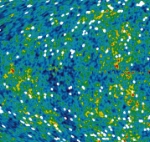 Galaxienhaufen (weiße Punkte) vor der Hintergrundstrahlung