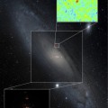 Unsere Nachbargalaxie Andromeda mit zwei Ausschnitten. Links unten ist die Galaxie im Röntgenbereich zu sehen, der Mikro-Quasar ist eingekreuzt. Das Bild rechts oben zeigt die Radiostrahlung, die mit der Röntgenquelle übereinstimmt.