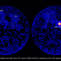 Der Nachthimmel im Gammabereich. Die Sternbilder Löwe und Große Bär sind zur Orientierung eingezeichnet. Beide Aufnahmen sind über drei Stunden integriert, die linke vor dem Ereignis, die rechte 2,5 Stunden vor und eine halbe in den Ausbruch hinein. 