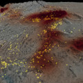 Bewegte Rocky Mountains: Erdbeben (gelbe Kugeln) treten entlang von Hebungszonen (dunkle Bereiche) auf, verursacht durch Strömungen im Erdmantel.