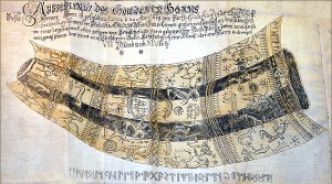 Das Horn von Gallehus (Dänemark um 400 nach Christus) enthält den ältesten bekannten Stabreimvers: ek HléwagastiR HóltijaR : hórna táwido. (Ich HlewagastiR, Holts Sohn, fertigte das Horn.)