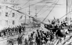 Die Boston Tea Party in einer Lithografie von 1846