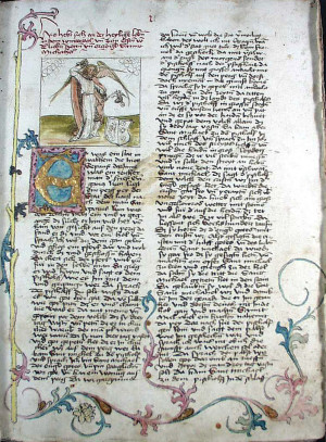 Seite aus einer Handschrift aus dem Benediktinerstift Weihenstephan. Wahrscheinlich entstand sie 1475 in Freising. Aber wirklich sicher kann man sich nicht sein.