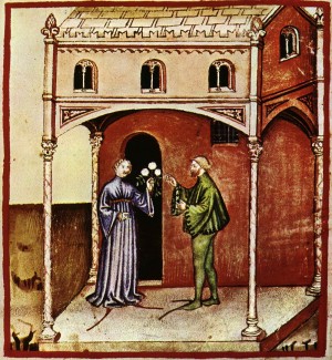 Eine Geste mit biologischem Nutzen: Ein Mann macht einer Frau den Hof. Sie wird sich dieses Verhalten einige Zeit ansehen - um ihn zu testen. Das war zu allen Zeiten so - auch im Mittelalter. (Das Bild eines unbekannten Meisters stammt aus dem 14. Jahrhundert)