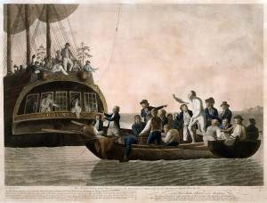 Leutnant Bligh und seine Gefolgsleute beim Einsteigen in die Barkasse, gemalt von Robert Dodd, 1790