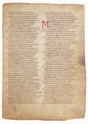 Eine Seite aus der Nibelungenhandschrift A, die in der bayerischen Staatsbibliothek München aufbewahrt wird.