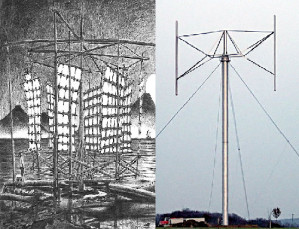 Eine historische (chinesisch) und moderne (Darrieus-Rotor) Variante der Windturbine mit vertikaler Drehachse