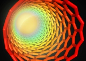 Grafische Darstellung eines Kohlenstoff-Nanoröhrchens, das - mit hoch reaktivem Brennstoff beschichtet - bei Zündung von einer schnell wandernden Hitzewelle durchlaufen wird.