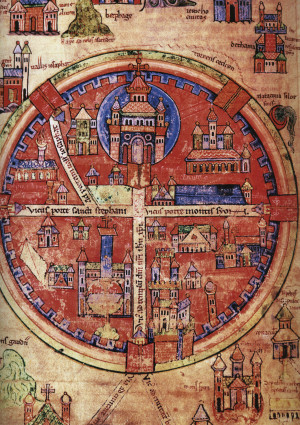 Mittelalterliche Karte von Jerusalem, die auf apokalyptischen Beschreibungen einer runden Stadt fußt. 