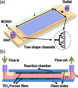 Schema-Zeichnung des Mikrokanal-Solarkatalysators von oben und im Seitenquerschnitt