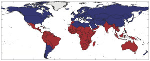 Staaten mit starken (rot), schwächeren (blau) oder gar keinen El Niño-Folgen