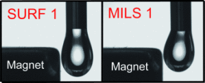 Ein Tropfen aus magnetisch ionischem Flüssigtensid (MILS) wird im Gegensatz zum normalen Tensid von einem Magneten angezogen