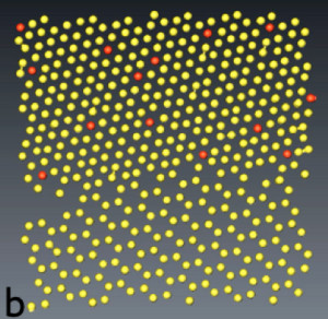 3D-Mikroskop: Über die Analyse von Elektronen können Physiker auf die unterschiedliche Höhe von Atomen (gelb und rot) schließen
