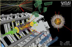 Mögliches Higgs-Ereignis am ATLAS-Detektor. Das Higgs zerfällt in vier Myonen und hinterlässt damit eine klare Signatur.