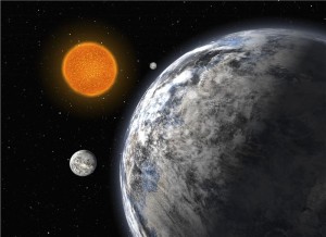 Künstlerische Darstellung dreier Super-Erden, die mit dem HARPS-Spektrographen des 3,6-Meter-Teleskops auf La Silla, Chile, entdeckt wurden. Ihre Massen sind 4,2-, 6,7- und 9,4fach größer als die der Erde; sie umkreisen den Stern HD 40307 in Perioden von nur 4 bis 20 Tagen.