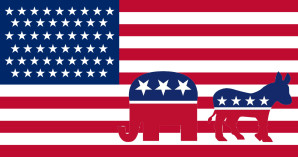 US-Flagge und Parteisymbole der Demokraten und Republikaner
