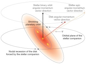 Die Anwesenheit eines zweiten Sterns in größerer Entfernung kann die Orientierung der protoplanetaren Scheibe beeinflussen. Aus ihr können Planeten mit gegenläufigem Drehsinn entstehen.