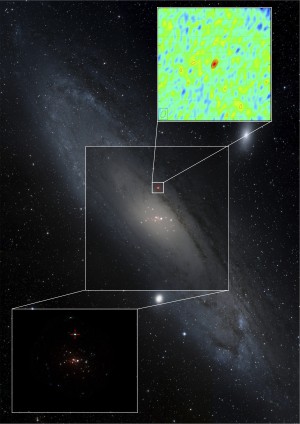 Unsere Nachbargalaxie Andromeda mit zwei Ausschnitten. Links unten ist die Galaxie im Röntgenbereich zu sehen, der Mikro-Quasar ist eingekreuzt. Das Bild rechts oben zeigt die Radiostrahlung, die mit der Röntgenquelle übereinstimmt.