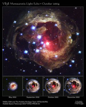 Das System V838 Monocerotis machte im Jahr 2002 einen großen Ausbruch durch, wobei ein großer Teil der Hülle einer der beiden Doppelsterne ausgeworfen wurde.