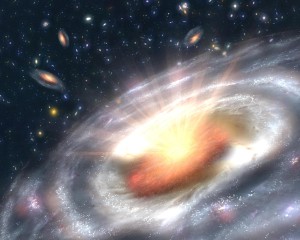 Künstlerische Darstellung eines supermassiven Schwarzen Loches, wie es nun untersucht wurde. Das Schwarze Loch im Herzen der Galaxie NGC4526 ist rund 450 millionenfach schwerer als unsere Sonne.