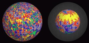 Diese Simulationsdaten zeigen die Magnetfelder der Sonne knapp unter der Oberfläche (links) sowie tiefer in ihrem Innern (rechts). Graue bis gelbe Färbung zeigt nach außen, grau bis grün nach innen gerichtete Magnetfelder an.