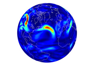 Klimasimulation:Turbulenzen (gelb bis rot) werden in den kommenden Jahrzehnten über dem Nordatlantik zunehmen
