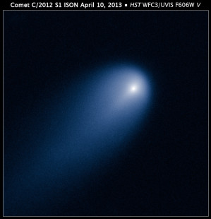 Hubble-Aufnahme des Kometen C/2012 S1 (ISON). Der Komet wird die Sonne so nah passieren, dass er voraussichtlich zu den besonders hellen „Sonnenstreifern“ gehört.