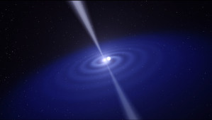 Künstlerische Darstellung des Doppelsternsystems J0348+0432. Der Neutronenstern rotiert 25 Mal pro Sekunde um seine eigene Achse und strahlt dabei gebündelte Radiowellen ab. Durch die Aussendung von Gravitationswellen kommen er und der Weiße Zwerg sich immer näher. 