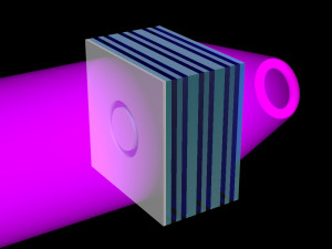 Ebene Linse aus Metamaterial für ultraviolettes Licht: UV-Licht wird so gebündelt, dass eine Kreisblende in exakt gleicher Größe abgebildet wird. Dieser Effekt gelingt nur mit einer negativen Lichtbrechung.
