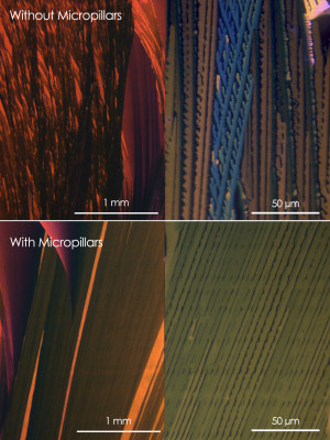 Diese Bilder zeigen die ordnende Wirkung der Mikrosäulen auf die Kristallordnung in der halbleitenden Kunststoffschicht unter dem Mikroskop: Oben ohne und unten mit Mikrosäulen-Einfluss, jeweils mit einer Größenordnung von einem Millimeter und von 50 Mikrometern.