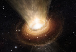 Künstlerische Darstellung des Supermassiven Schwarzen Loches im Herzen der Galaxie NGC 3783 im Sternbild Zentaur. Auf neuen Aufnahmen ist nicht nur der Ring aus heißem Staub um das Schwarze Loch, sondern auch Wind aus kaltem Material an den Polen zu sehen.