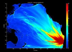 Tsunami 2010 vor Chile: Die Farben zeigen die Höhe der Welle an, die in Richtung Küste stetig zunimmt