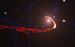 Dieser simulierte Vorbeiflug einer Gaswolke am Schwarzen Loch im Zentrum unserer Milchstraße zeigt die Situation Mitte 2013. Die Wolke ist mittlerweile so stark auseinandergezogen, dass ihr vorderer Teil das Schwarze Loch bereits passiert hat und sich wieder mit mehr als 10 Millionen Kilometern pro Stunde davon entfernt, während der hintere Teil der Wolke weiterhin auf es zu fällt.