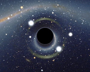 Künstlerische Darstellung eines Schwarzen Lochs, das das Licht von dahinter liegenden Sternen verzerrt.