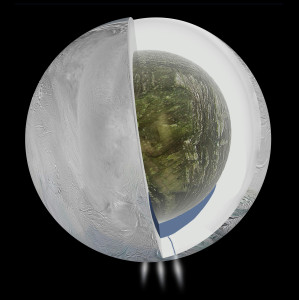 Nach den neuesten Ergebnissen könnte Enceladus aus einer äußeren Eisschicht und einem Kern aus Gestein bestehen, zwischen denen sich am Südpol ein unterirdischer Ozean befindet.