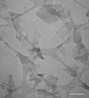 Die feinen Graphen-Schichten aus der Mix-Produktion überlappen unter dem Transmissionselektronenmikroskop – der Größenbalken misst 100 Nanometer.