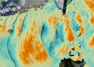 Numerische Simulation von internen Tiefenwellen, die hier Höhen von bis zu 200 Metern erreichen. 