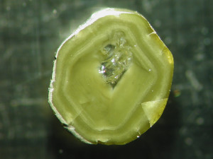 Diamant aus der kanadischen Ekati-Mine mit winzigen flüssigen Einschlüssen, die mit bloßem Auge nicht erkennbar sind.